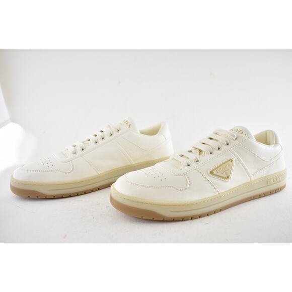 Prada Downtown Ivory Nappa Leather Gold Logo Flat Low Top Trainer Sneaker 41 - Picture 15 of 16